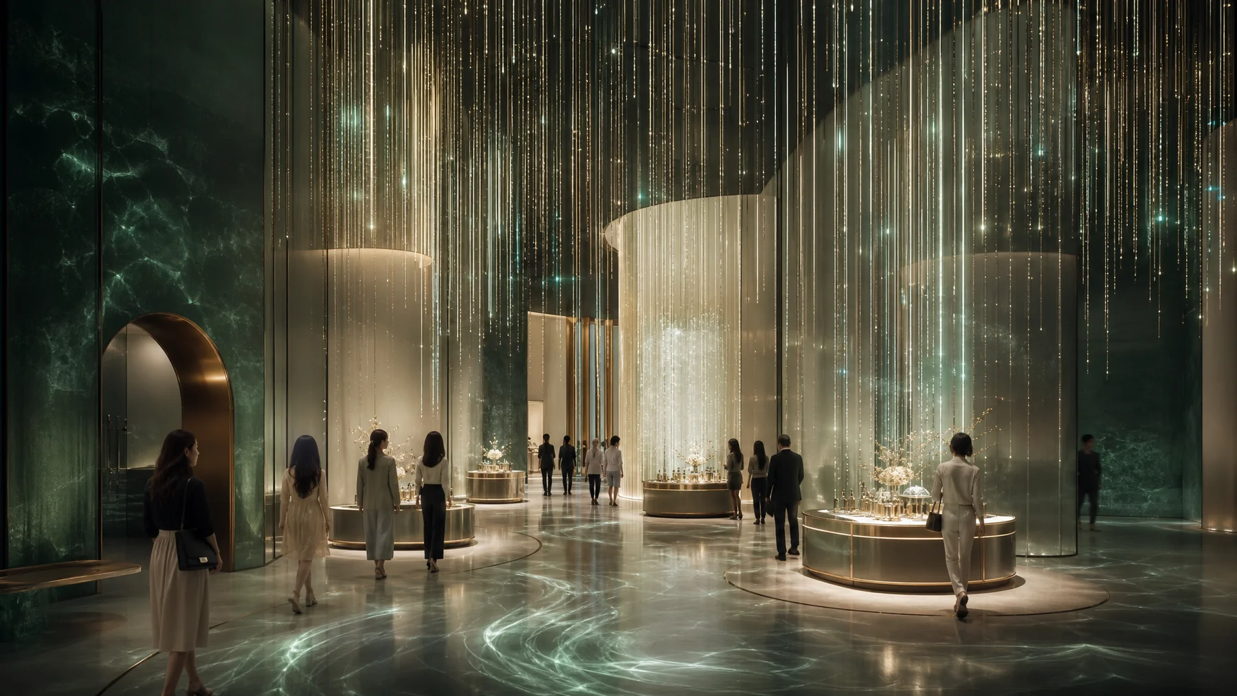 Concept Render / 算力之河 · 垂坠光纤与地面涟漪