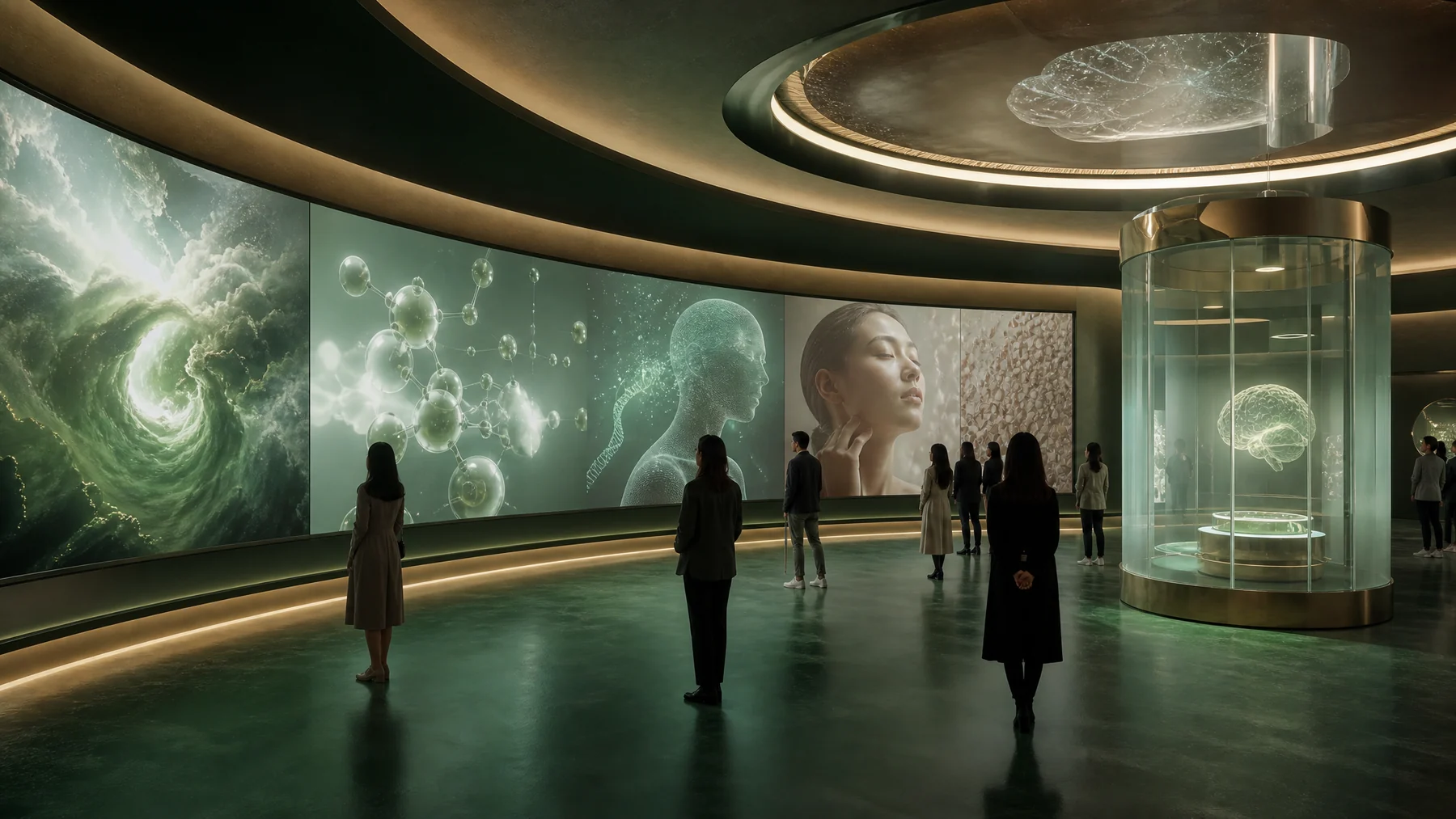 Concept Render / 算力之脑 · 弧形 LED 与柔和 AI 可视化